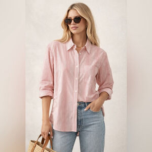 Faconnable Pink and White Striped Casual Button-Down Shirt